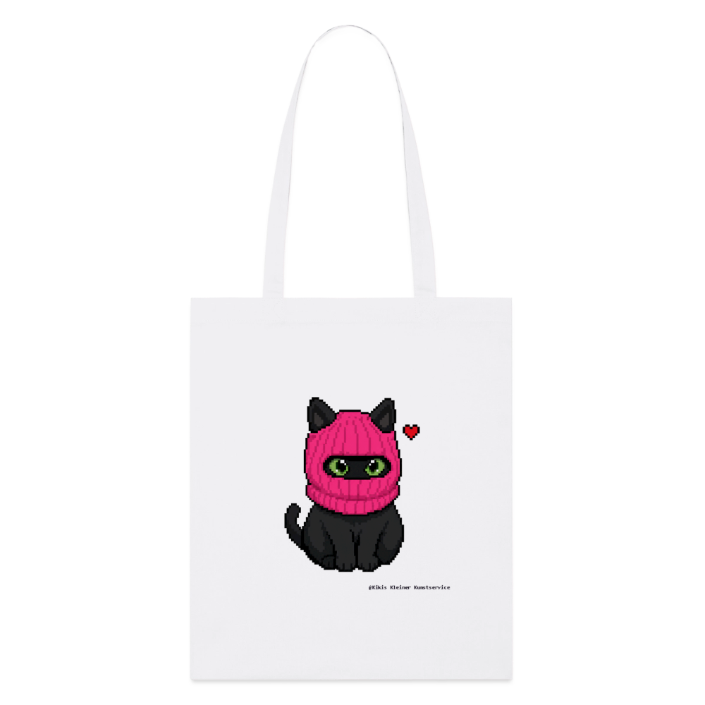 Katze mit pinker Sturmhaube Stoffbeutel - Bio - Weiß