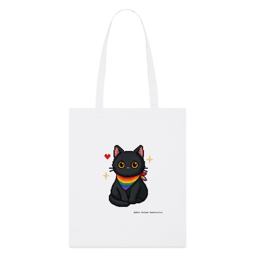 Katze mit Regenbogentuch Stoffbeutel - Bio - Weiß