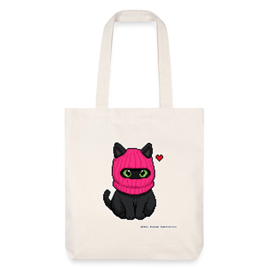 Katze mit pinker Sturmhaube Stoffbeutel - Recycelt Heavyweight - Naturweiß