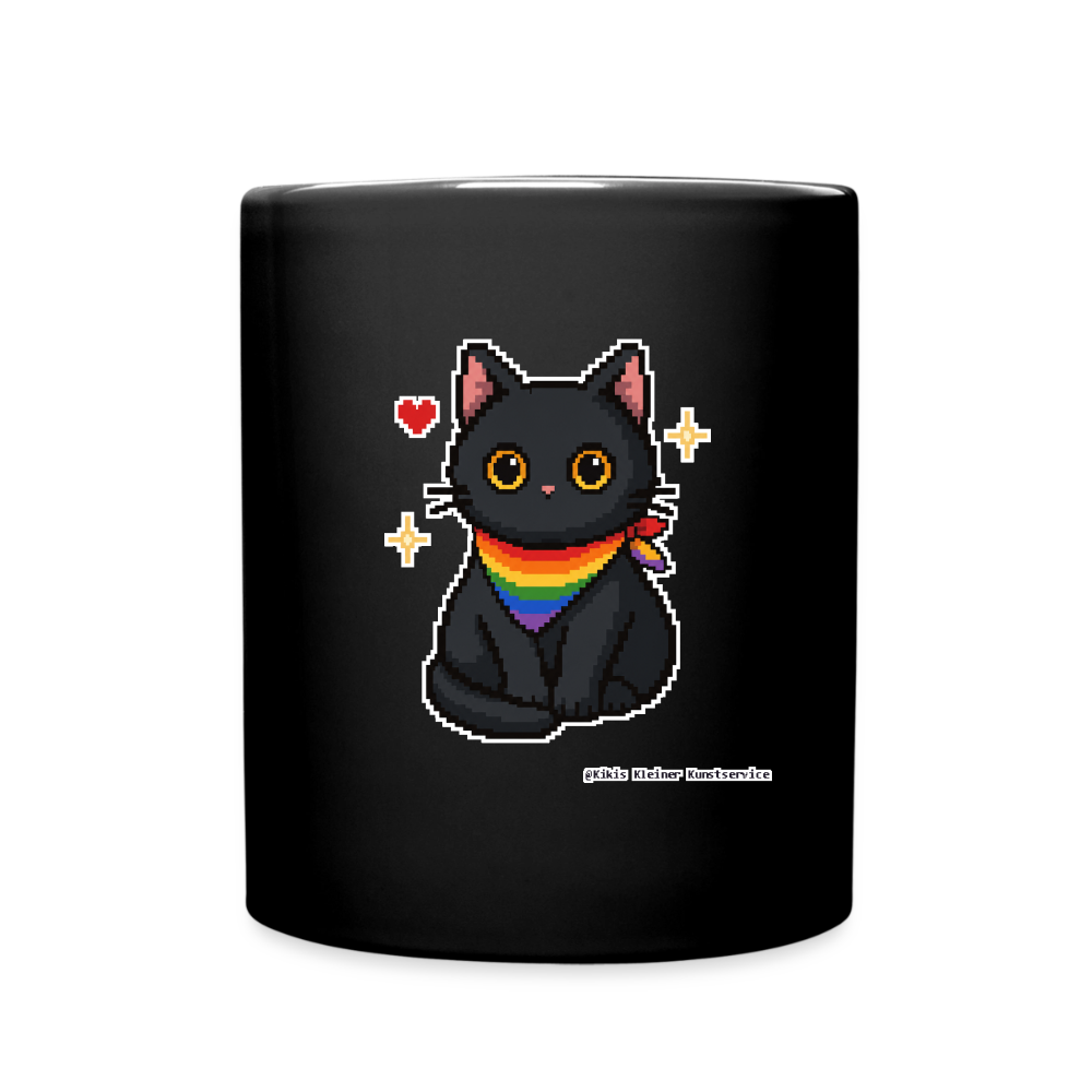 Katze mit Regenbogentuch Keramik-Tasse - Schwarz
