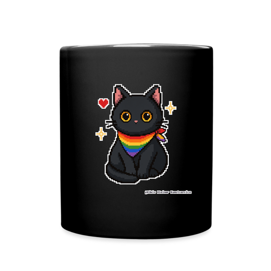 Katze mit Regenbogentuch Keramik-Tasse - Schwarz