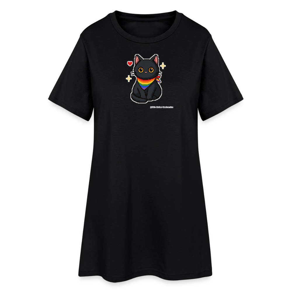 Katze mit Regenbogentuch T-Shirt-Kleid - Schwarz