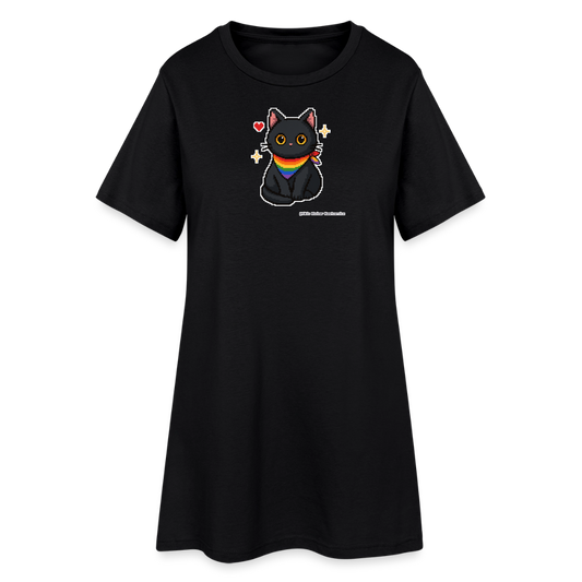 Katze mit Regenbogentuch T-Shirt-Kleid - Schwarz