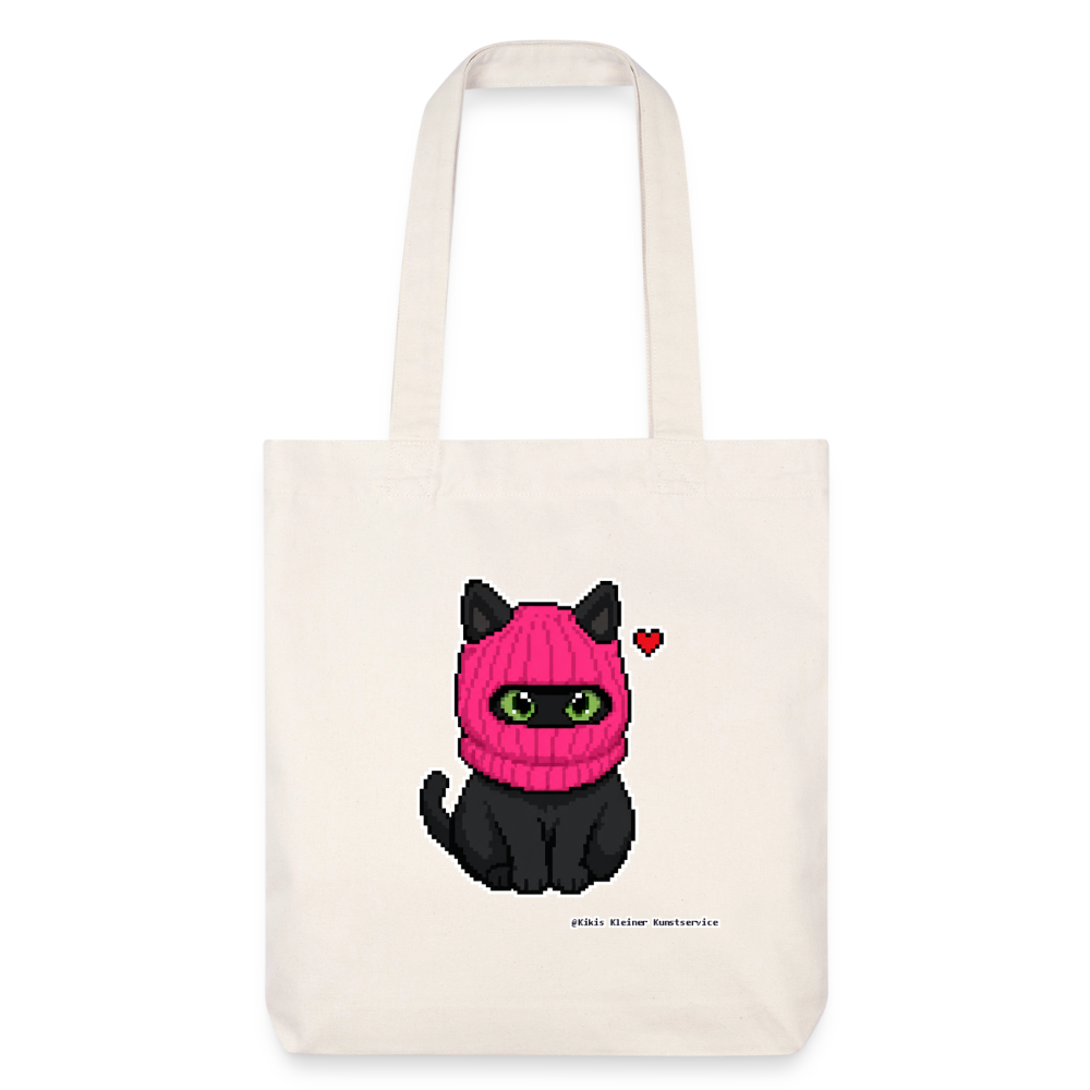 Katze mit pinker Sturmhaube Stoffbeutel - Recycelt Heavyweight - Naturweiß