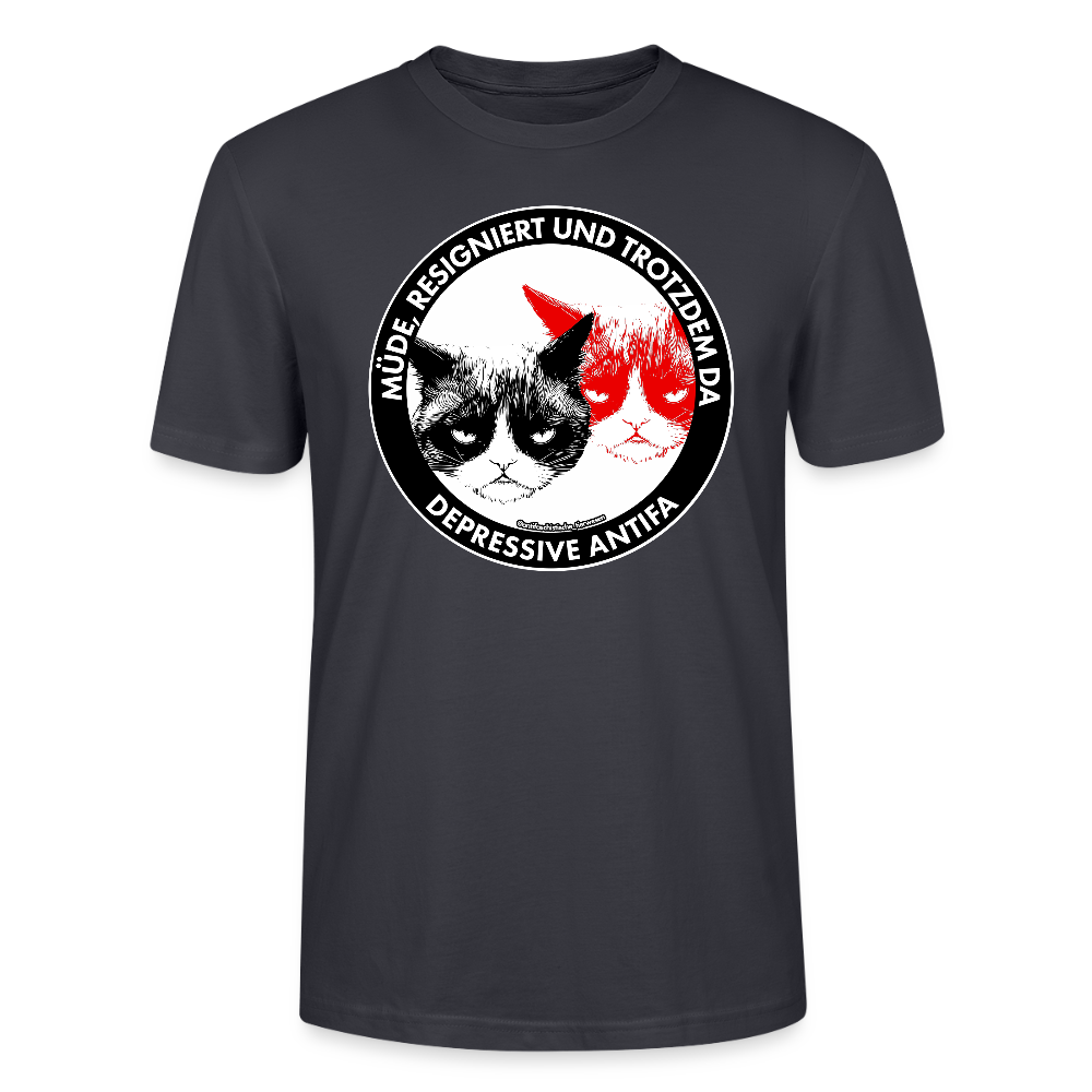 Depressive Antifa - Grumpy Cat T-Shirt - Unisex & Bio - Dunkles Graublau