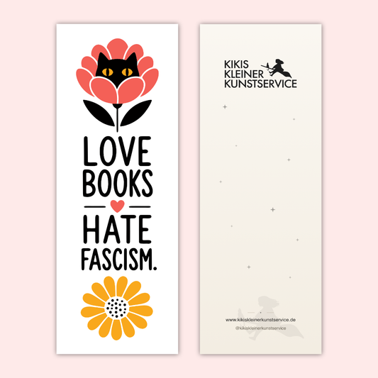 Lesezeichen "Love Books, Hate Fascism" mit schwarzer Katze in roter Blume